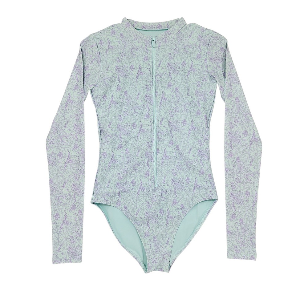 Mott 50 One Pc Rashguard S Wom Aqua Blue Purple Floral Long Sleeve Swimsuit UPF